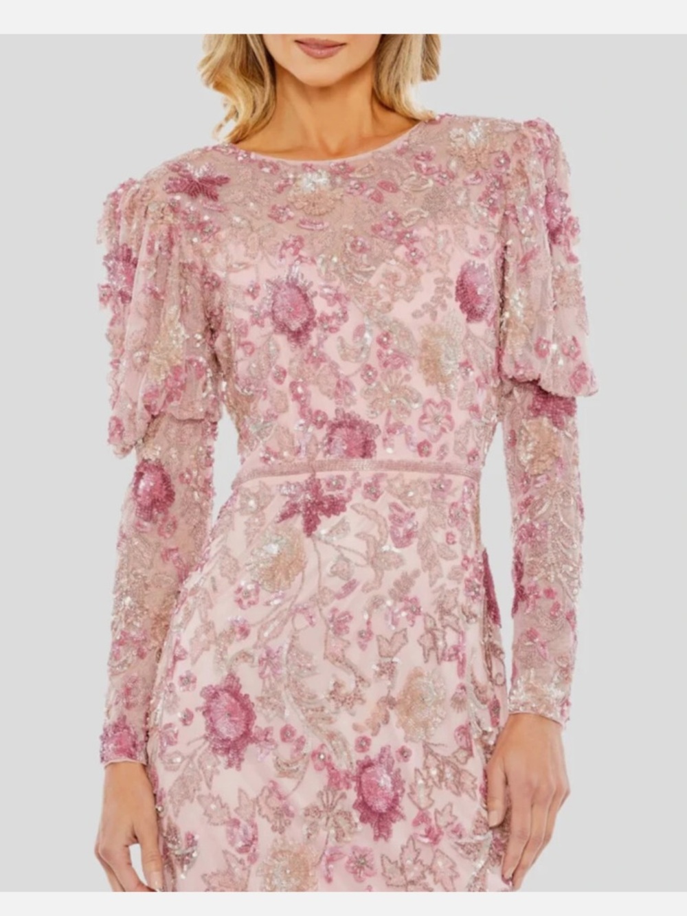 Mac Duggal Sequined Puff Sleeve High Neck Floral Dress